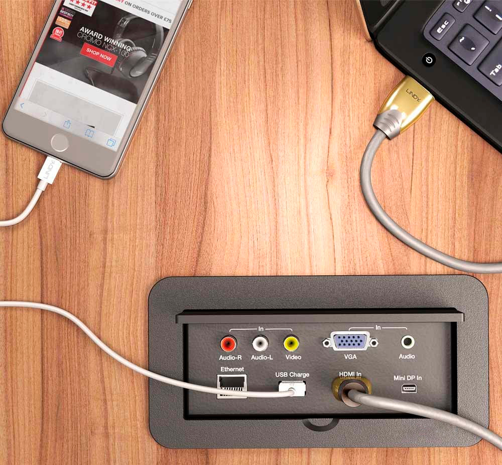 Caja de conectividad para portatil, carga usb 3.0, red, hdmi, rca, audio estereo Caja de conectividad para empotrar en escrtorio o mesa de juntas